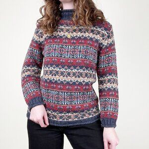 Vintage Fair Isle Wool Knit Blend Sweater Rolled Hem Scandinavian Nordic Grandpa